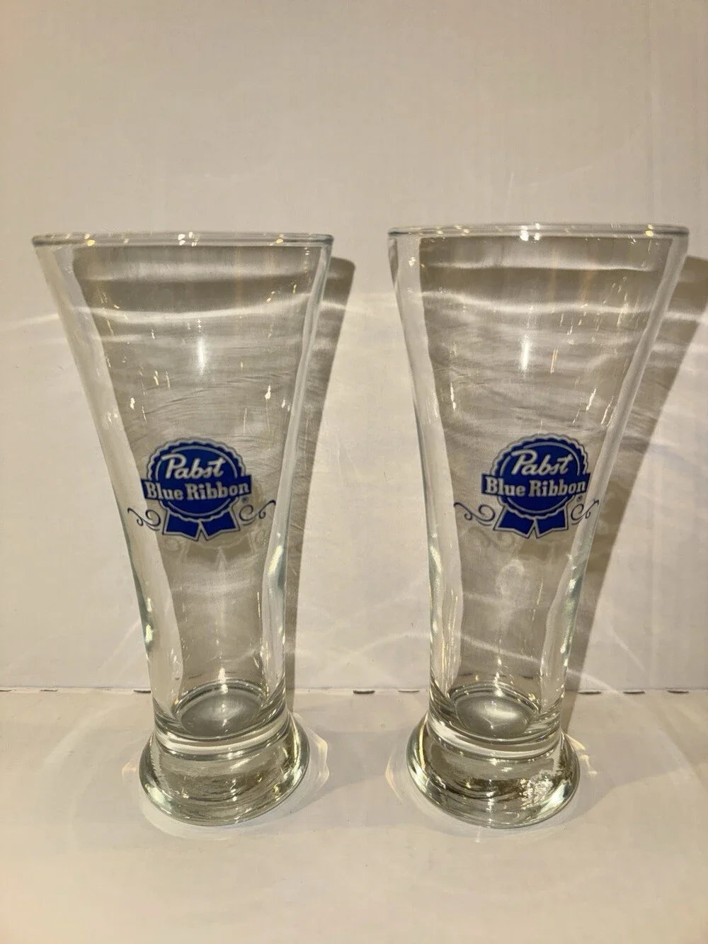 Vintage Pabst Blue Ribbon PBR Beer Pilsner Glasses Footed Barware Set of 2